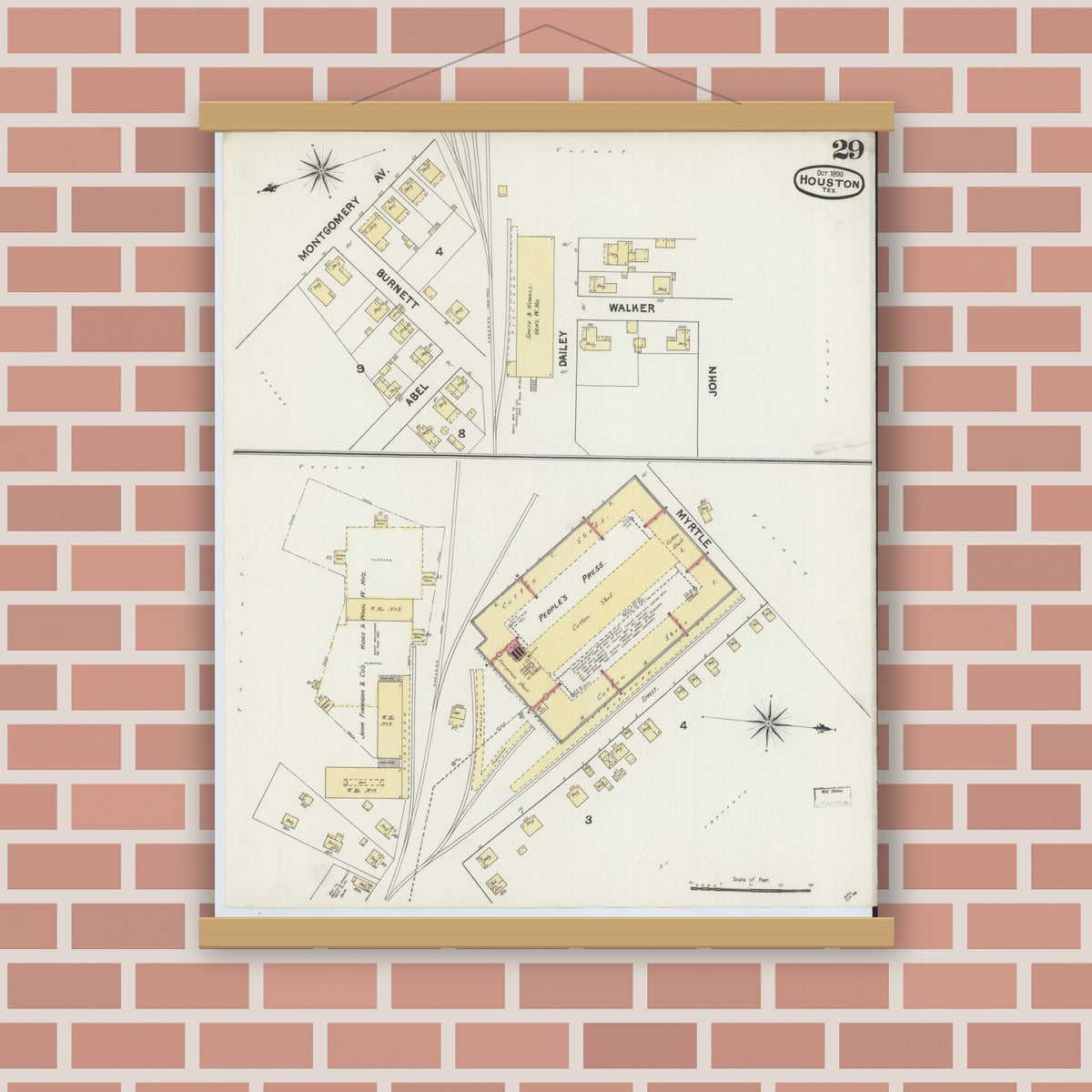 Old map wall art mockup — magnetic wood frame on brick wall — Sanborn Fire Insurance Map from Houston, Harris County, Texas (1890), Sheet #0029