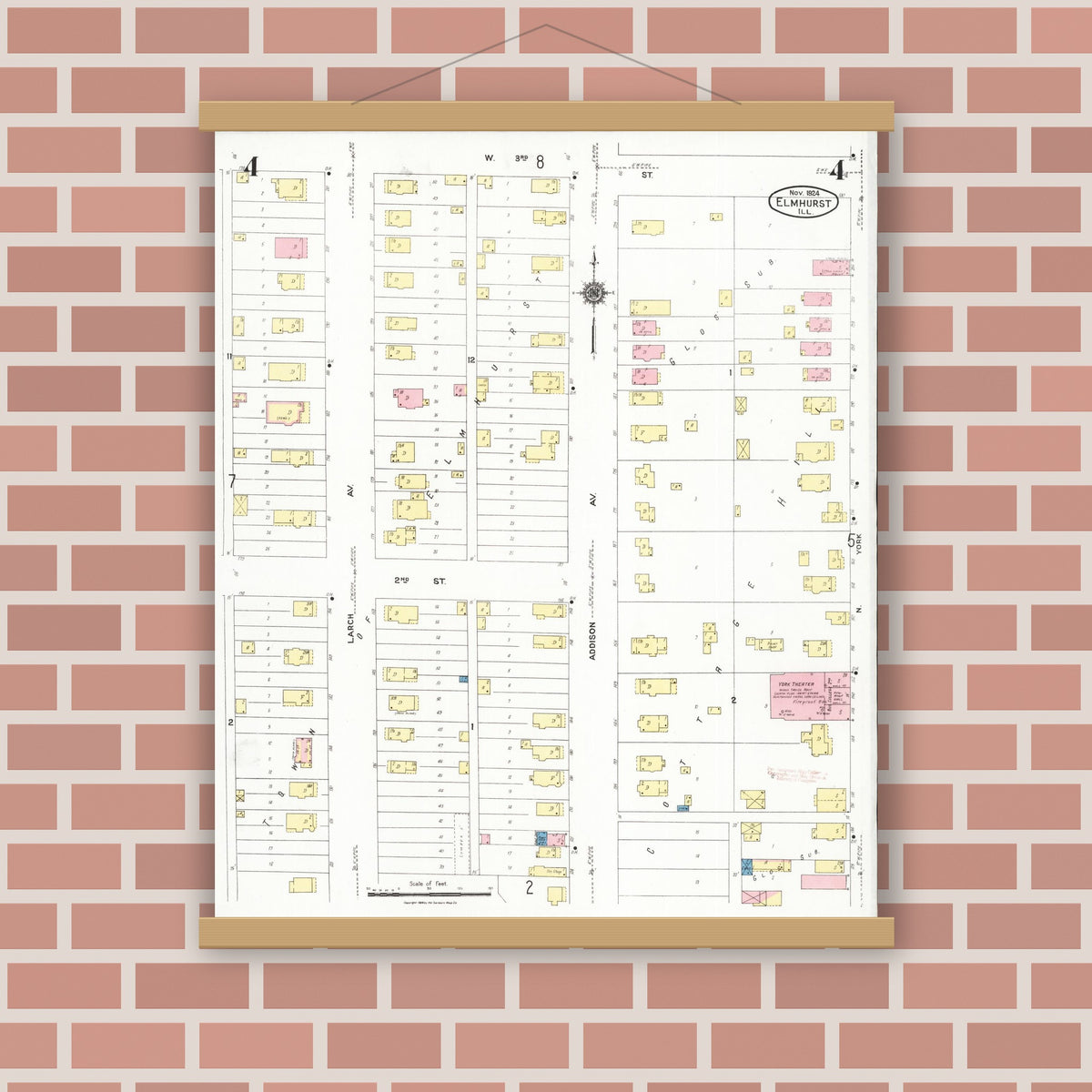 Old map wall art mockup — magnetic wood frame on brick wall — Sanborn Fire Insurance Map from Elmhurst, Du Page County, Illinois (1924), Sheet #0004