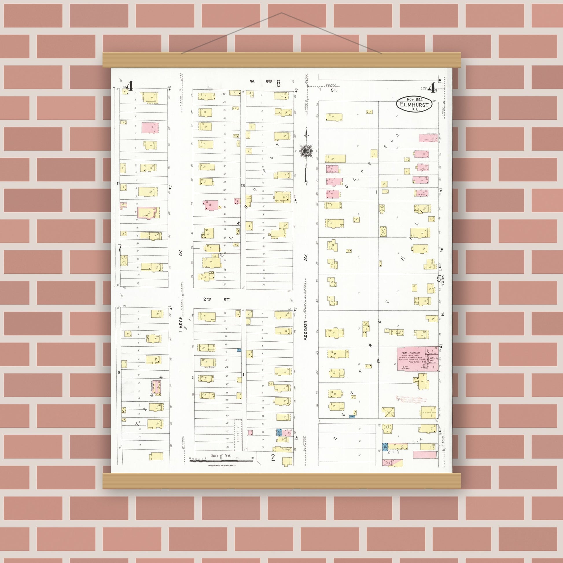 Old map wall art mockup — magnetic wood frame on brick wall — Sanborn Fire Insurance Map from Elmhurst, Du Page County, Illinois (1924), Sheet #0004