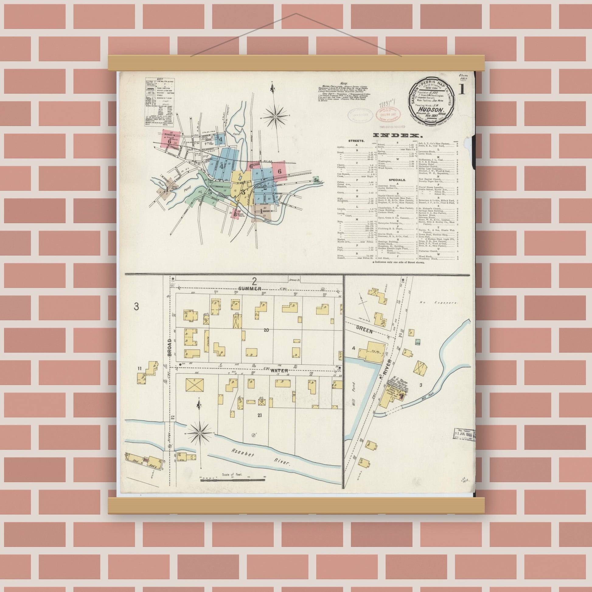 Old map wall art mockup — magnetic wood frame on brick wall — Sanborn Fire Insurance Map from Hudson, Middlesex County, Massachusetts (1897), Sheet #0001