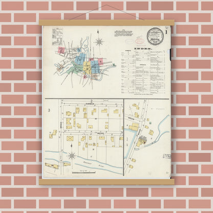 Old map wall art mockup — magnetic wood frame on brick wall — Sanborn Fire Insurance Map from Hudson, Middlesex County, Massachusetts (1897), Sheet #0001