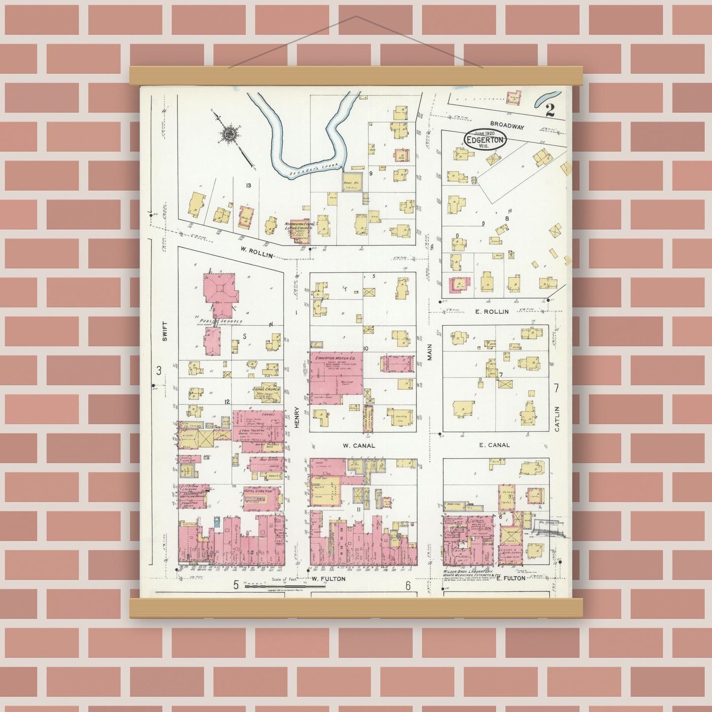 Old map wall art mockup — magnetic wood frame on brick wall — Sanborn Fire Insurance Map from Edgerton, Rock County, Wisconsin (1920), Sheet #0002