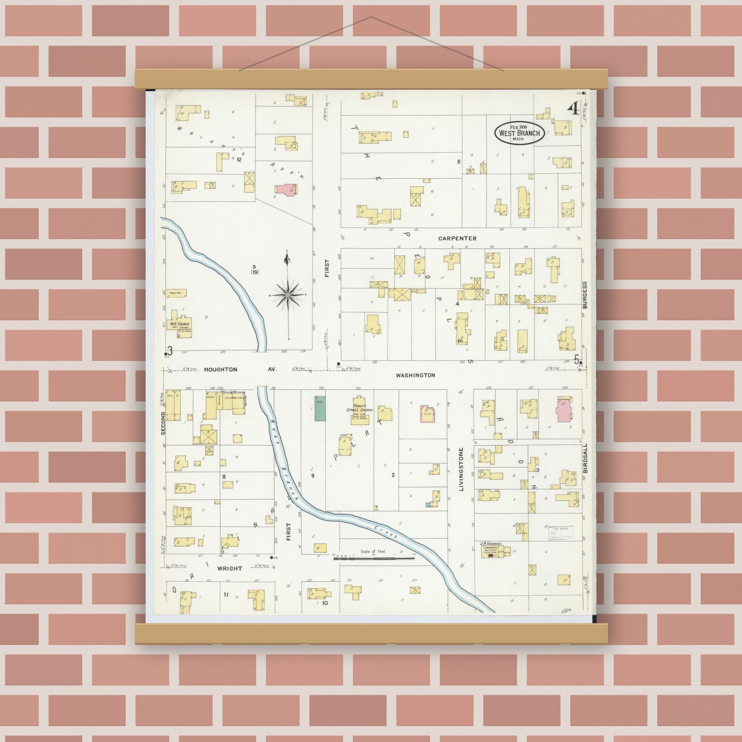 Old map wall art mockup — magnetic wood frame on brick wall — Sanborn Fire Insurance Map from West Branch, Ogemaw County, Michigan (1909), Sheet #0004