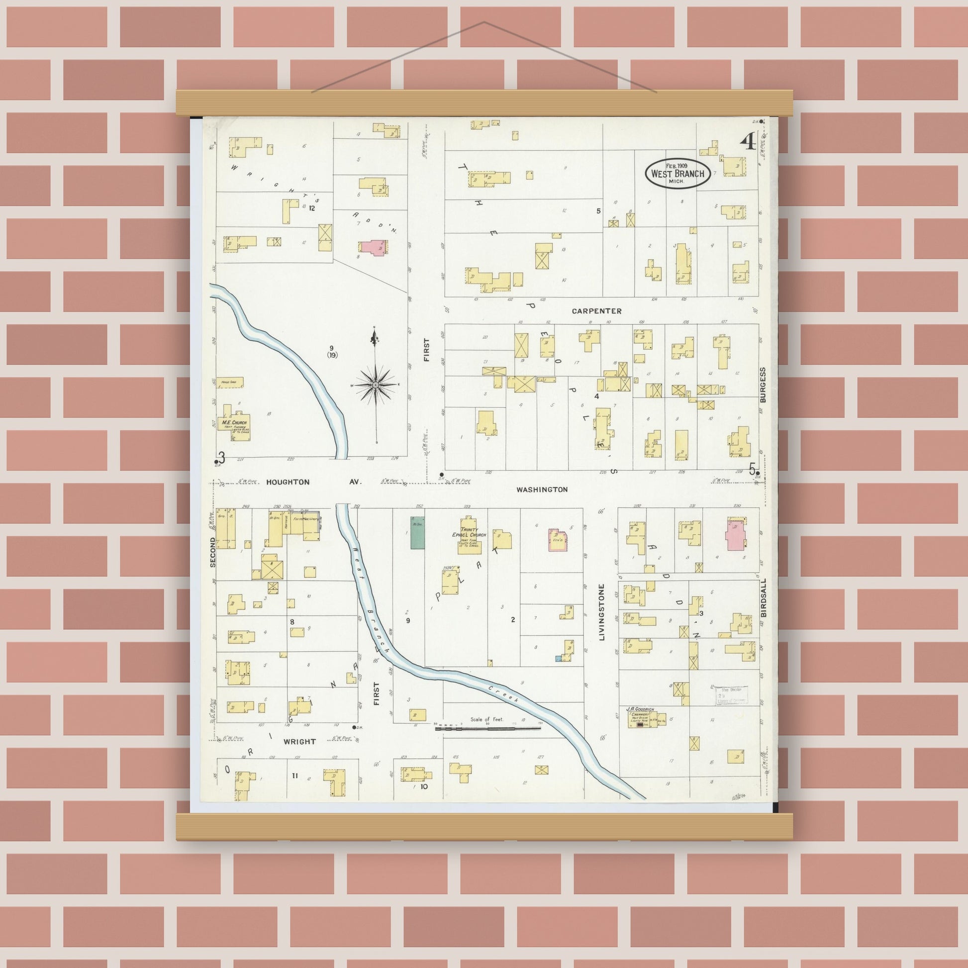 Old map wall art mockup — magnetic wood frame on brick wall — Sanborn Fire Insurance Map from West Branch, Ogemaw County, Michigan (1909), Sheet #0004
