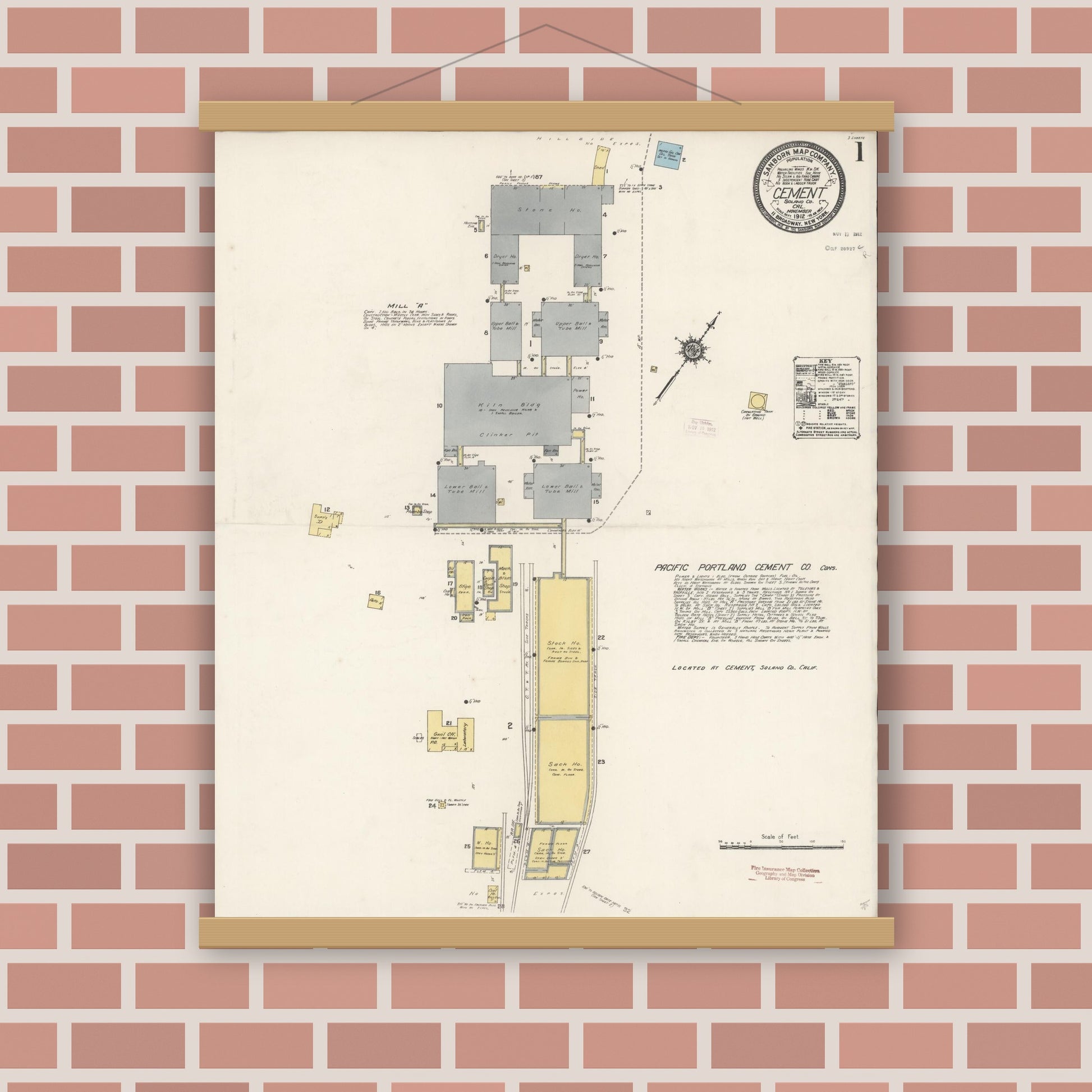 Old map wall art mockup — magnetic wood frame on brick wall — Sanborn Fire Insurance Map from Cement, Solano County, California (1912) - Complete Map Set