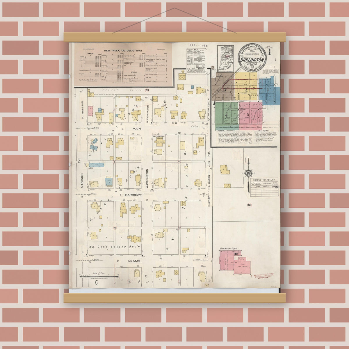 Old map wall art mockup — magnetic wood frame on brick wall — Sanborn Fire Insurance Map from Darlington, Montgomery County, Indiana (1942), Sheet #0001