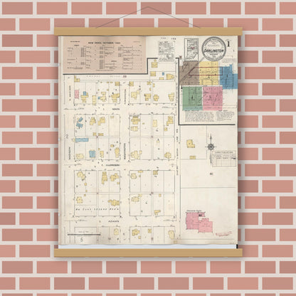 Old map wall art mockup — magnetic wood frame on brick wall — Sanborn Fire Insurance Map from Darlington, Montgomery County, Indiana (1942), Sheet #0001