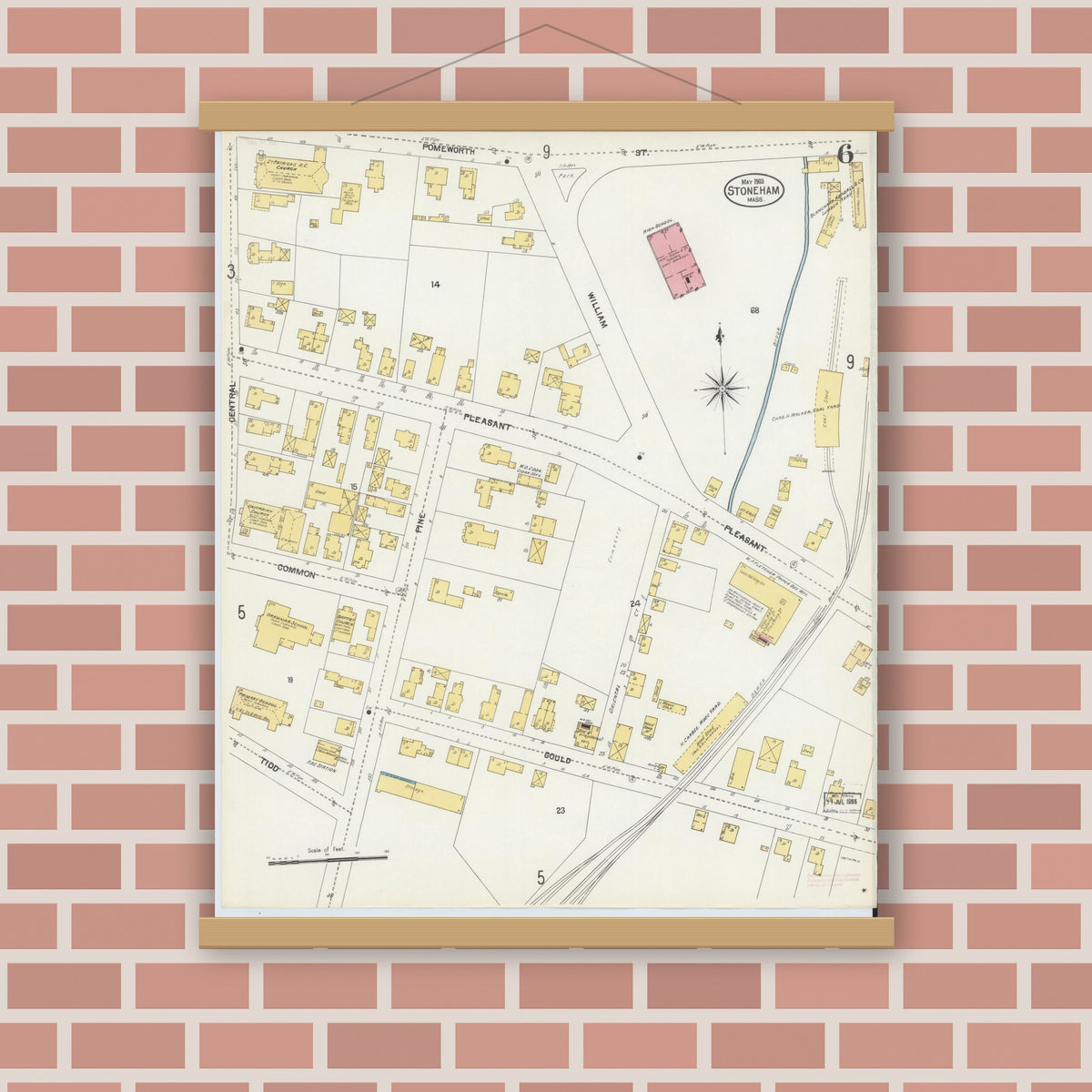 Old map wall art mockup — magnetic wood frame on brick wall — Sanborn Fire Insurance Map from Stoneham, Middlesex County, Massachusetts (1903), Sheet #0006