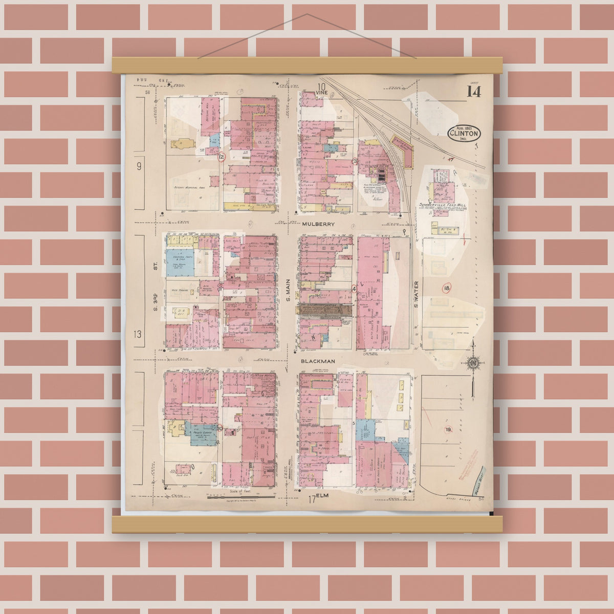 Old map wall art mockup — magnetic wood frame on brick wall — Sanborn Fire Insurance Map from Clinton, Vermillion County, Indiana (1947), Sheet #0014