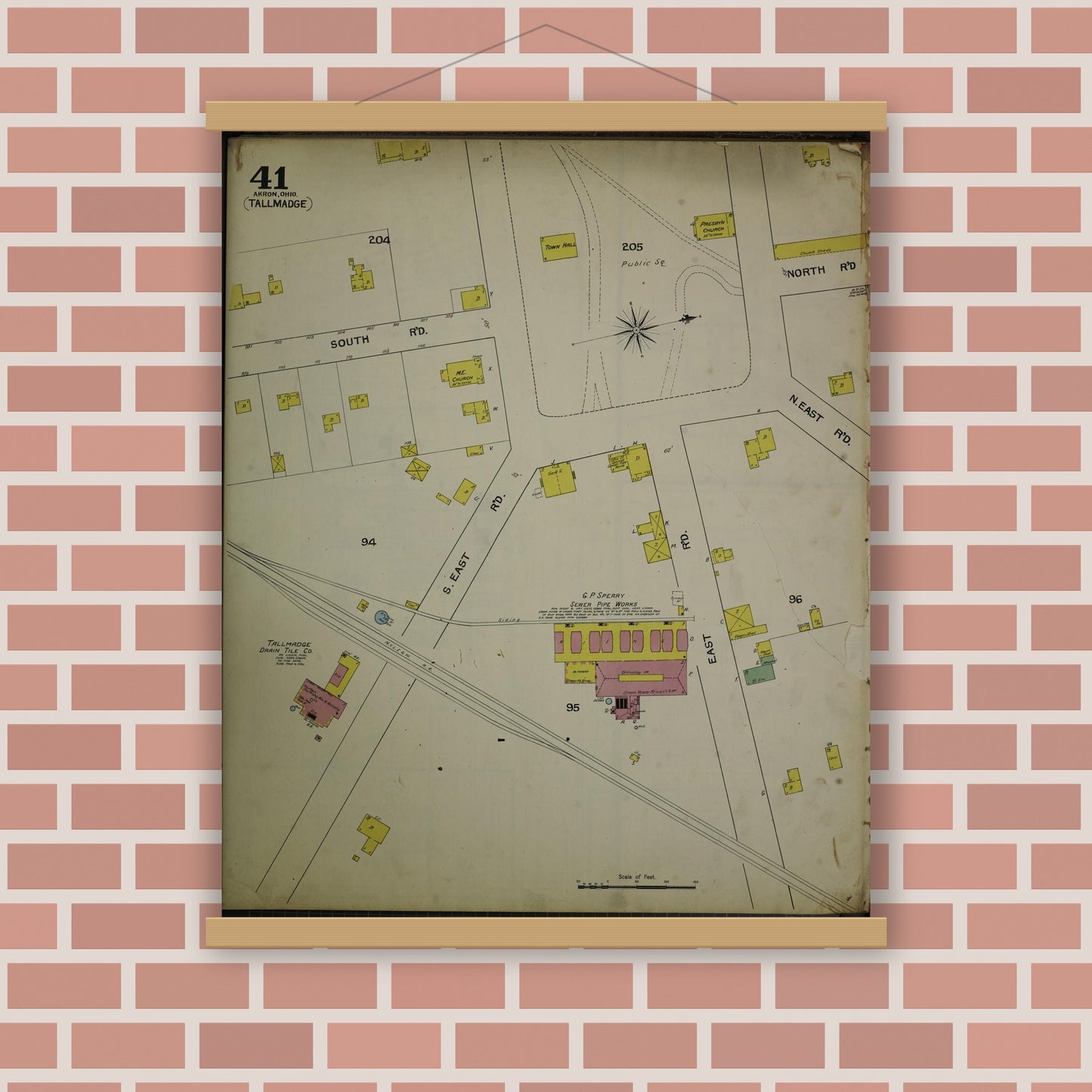 Old map wall art mockup — magnetic wood frame on brick wall — Sanborn Fire Insurance Map from Akron, Summit County, Ohio (1892), Sheet #0041
