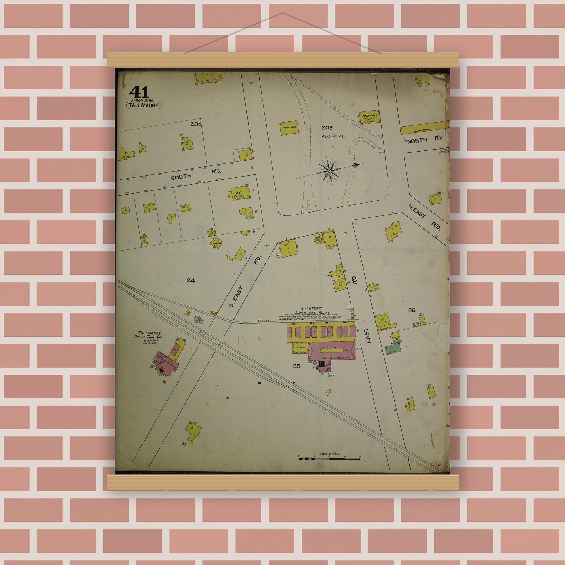 Old map wall art mockup — magnetic wood frame on brick wall — Sanborn Fire Insurance Map from Akron, Summit County, Ohio (1892), Sheet #0041