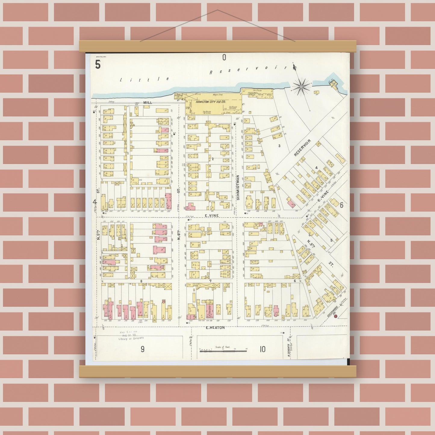 Old map wall art mockup — magnetic wood frame on brick wall — Sanborn Fire Insurance Map from Hamilton, Butler County, Ohio (1899), Sheet #0005
