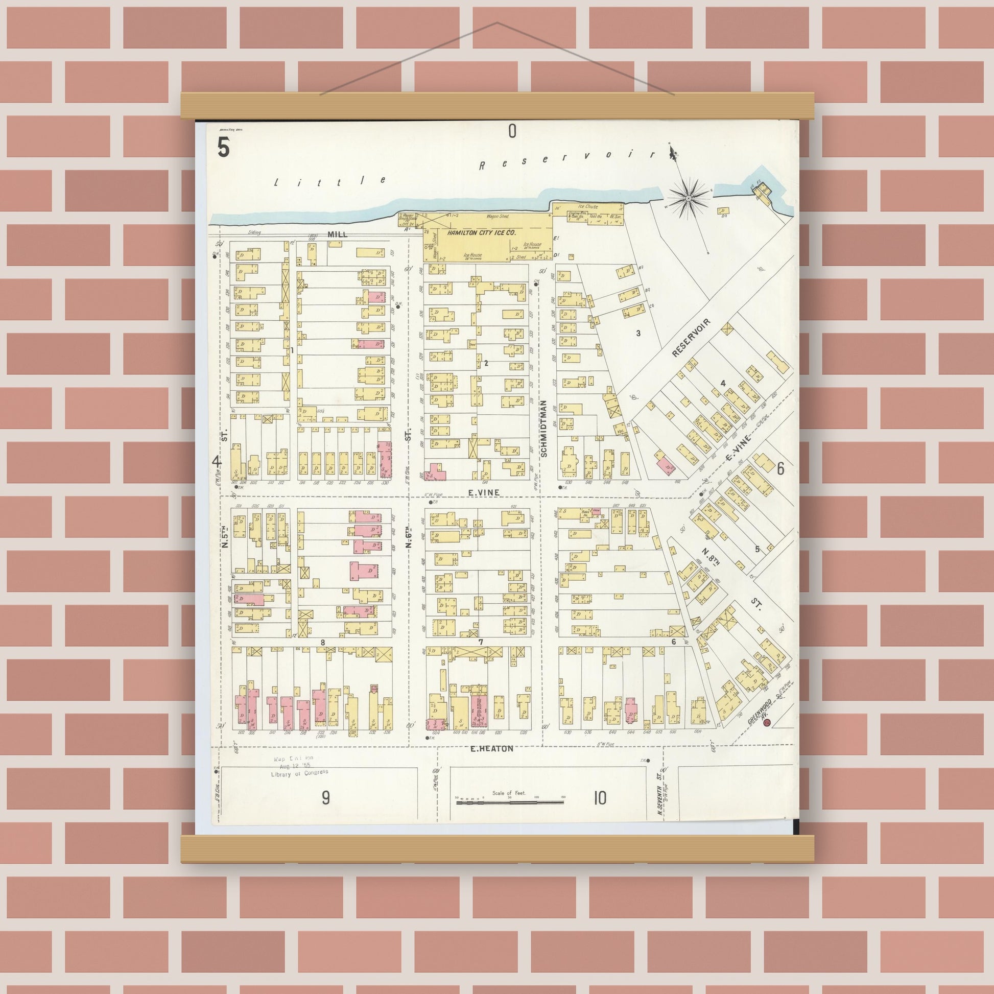 Old map wall art mockup — magnetic wood frame on brick wall — Sanborn Fire Insurance Map from Hamilton, Butler County, Ohio (1899), Sheet #0005
