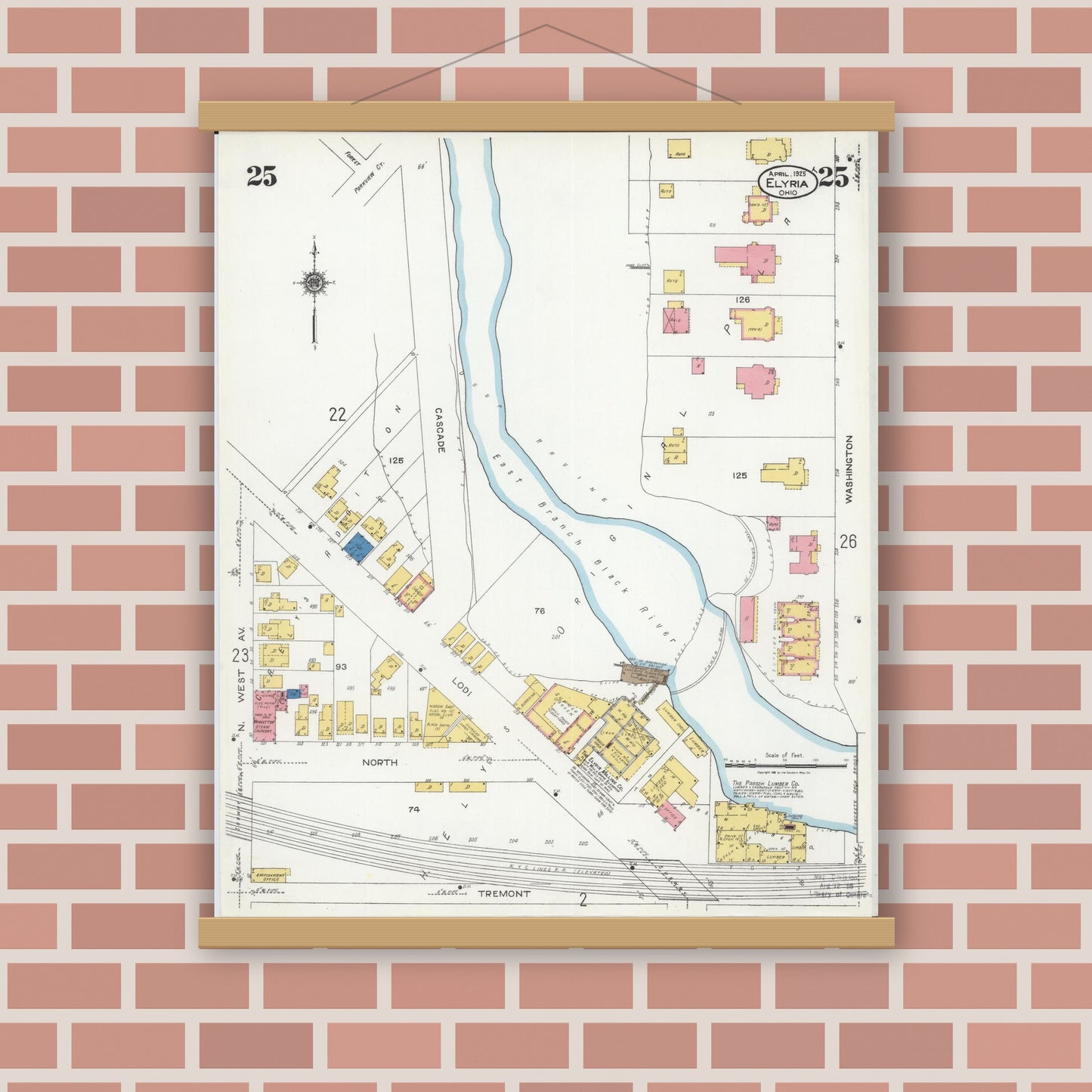 Old map wall art mockup — magnetic wood frame on brick wall — Sanborn Fire Insurance Map from Elyria, Lorain County, Ohio (1925), Sheet #0025