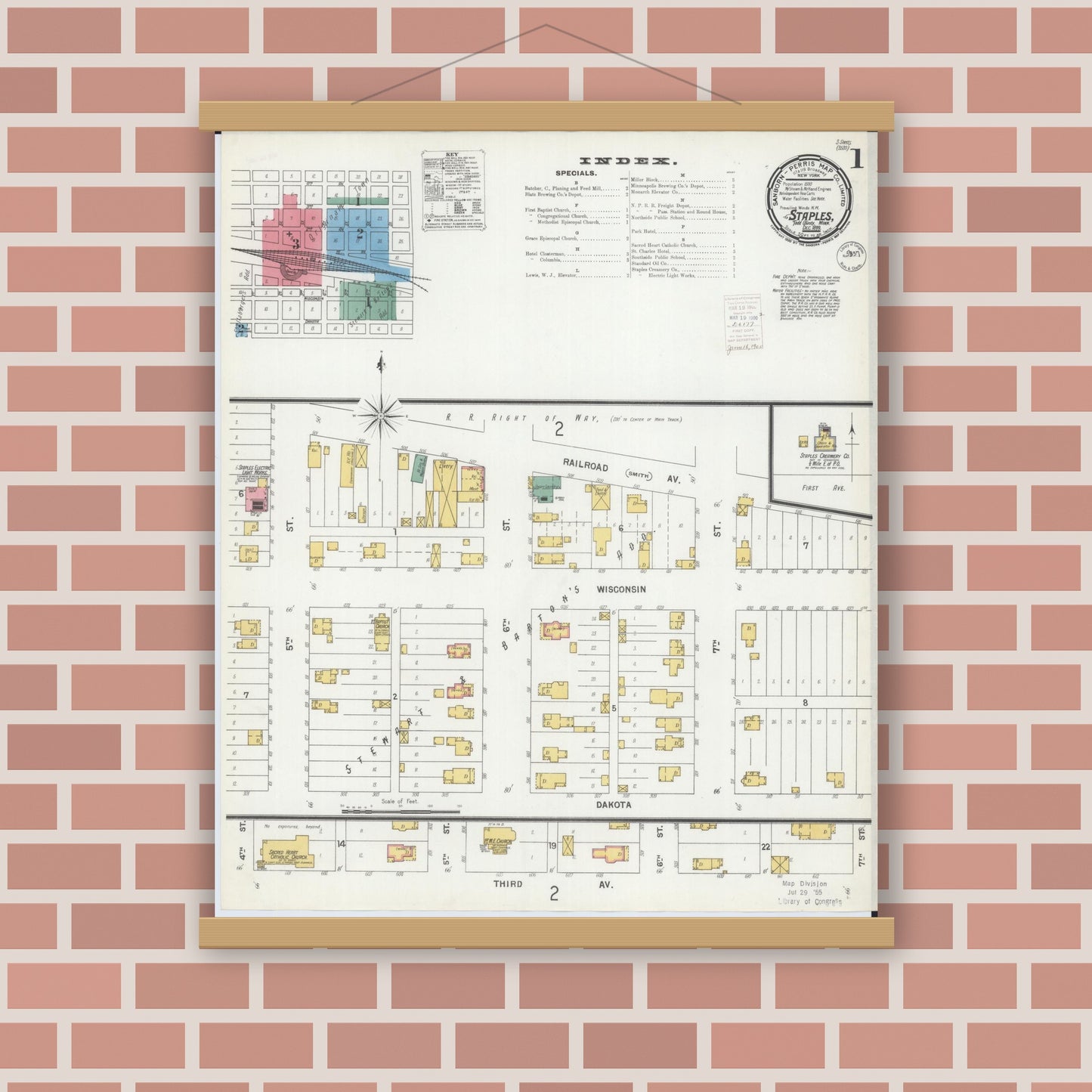 Old map wall art mockup — magnetic wood frame on brick wall — Sanborn Fire Insurance Map from Staples, Todd County, Minnesota (1899) - Complete Map Set