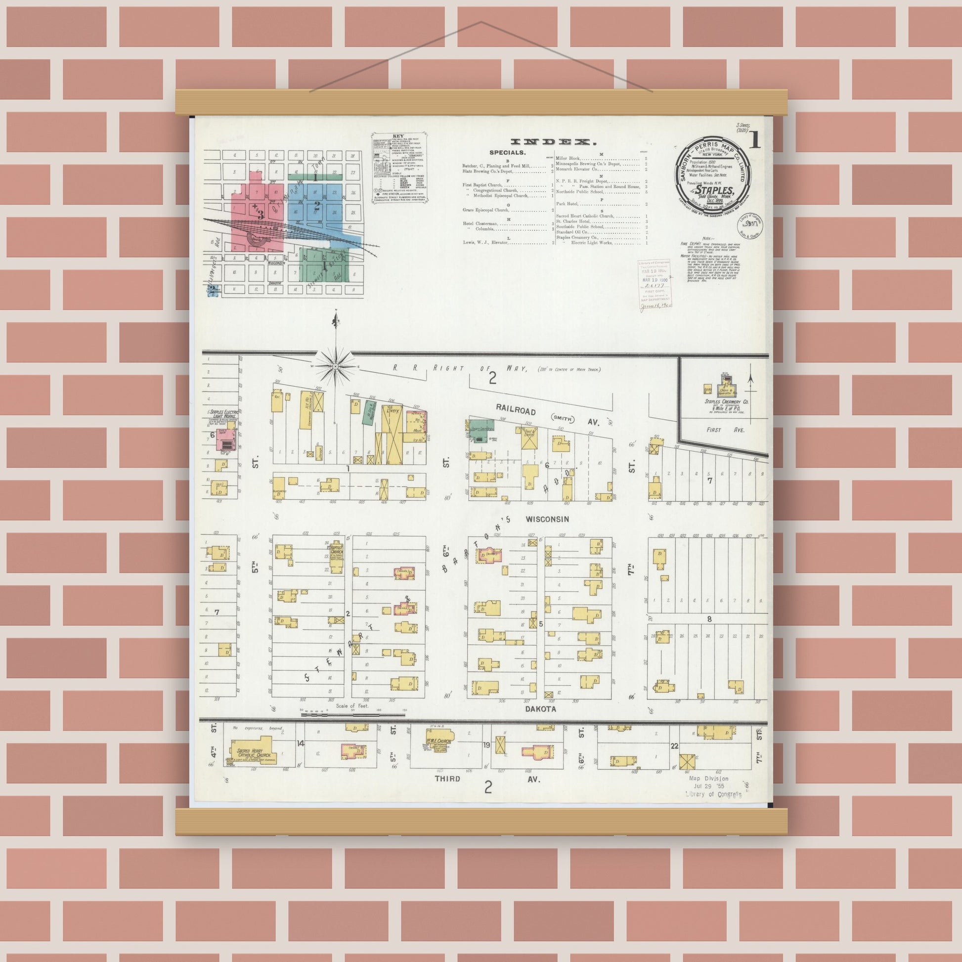 Old map wall art mockup — magnetic wood frame on brick wall — Sanborn Fire Insurance Map from Staples, Todd County, Minnesota (1899) - Complete Map Set