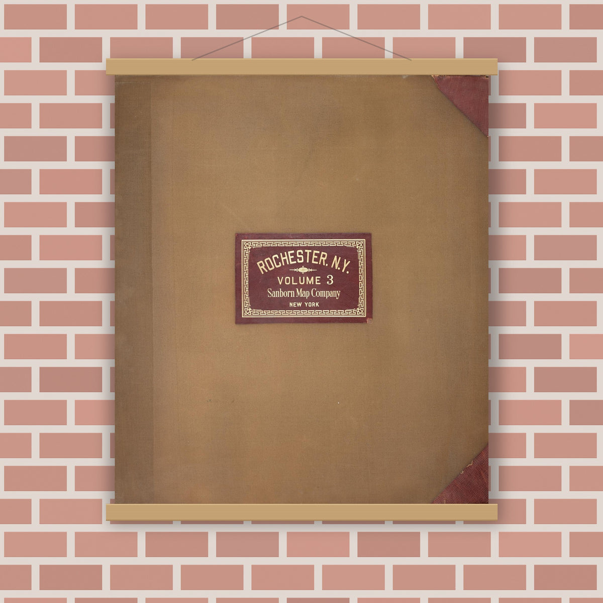Old map wall art mockup — magnetic wood frame on brick wall — Sanborn Fire Insurance Map from Rochester, Monroe County, New York (1950), Sheet #0001