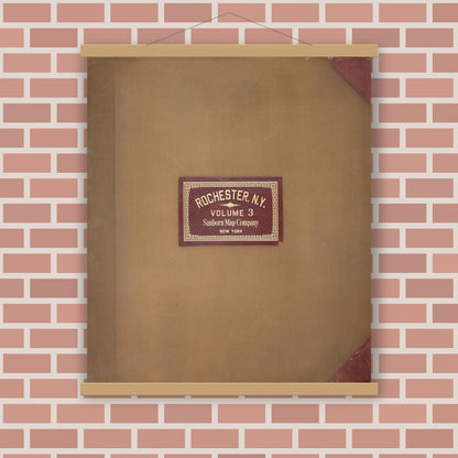 Old map wall art mockup — magnetic wood frame on brick wall — Sanborn Fire Insurance Map from Rochester, Monroe County, New York (1950), Sheet #0001