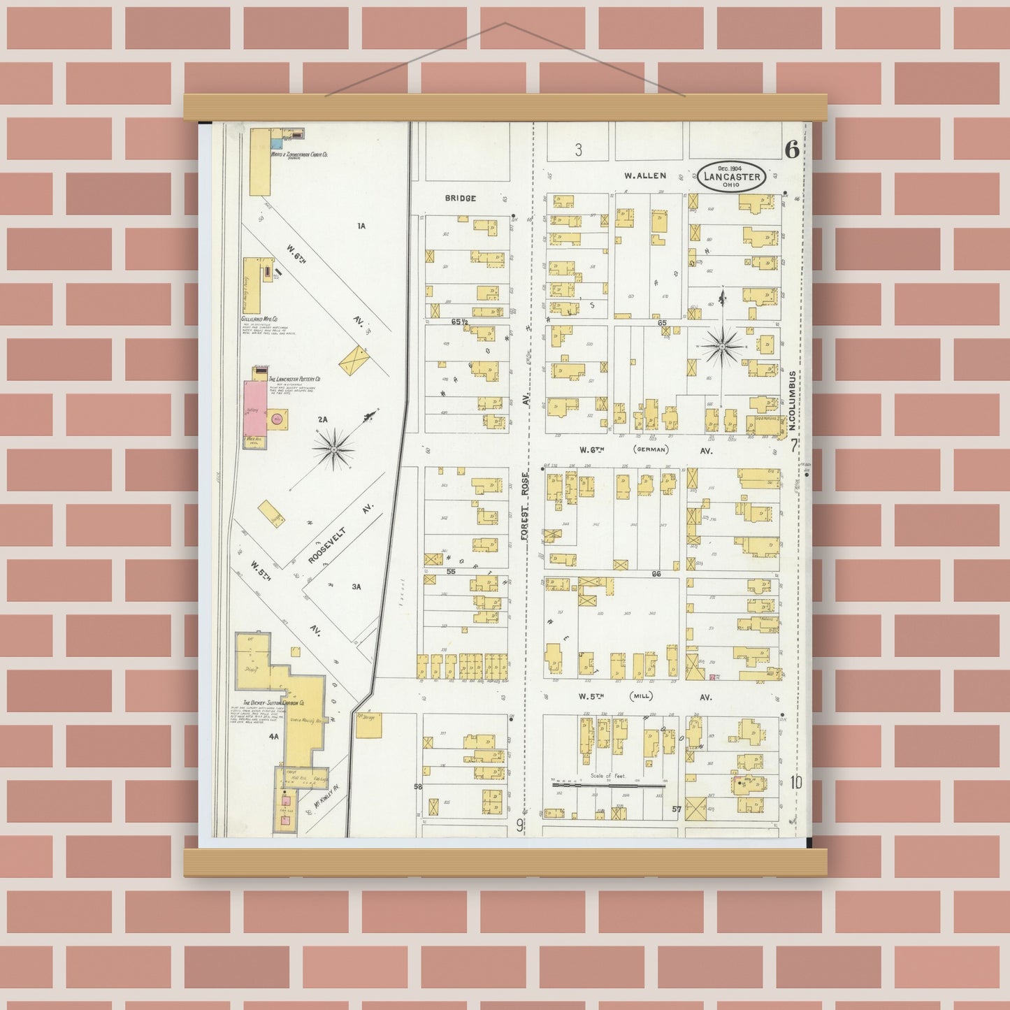 Old map wall art mockup — magnetic wood frame on brick wall — Sanborn Fire Insurance Map from Lancaster, Fairfield County, Ohio (1904), Sheet #0006