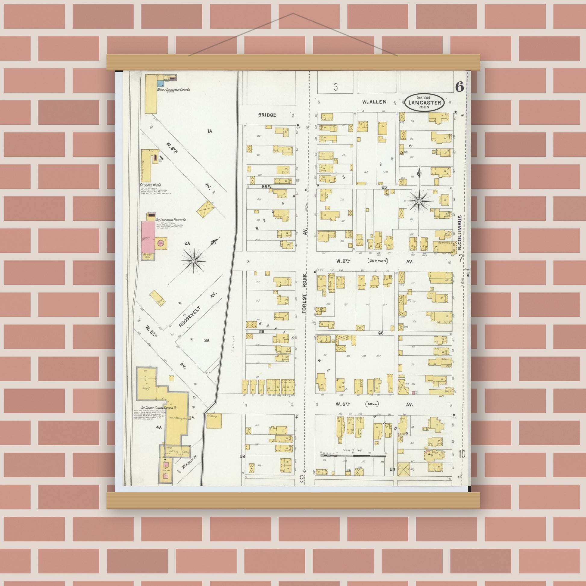Old map wall art mockup — magnetic wood frame on brick wall — Sanborn Fire Insurance Map from Lancaster, Fairfield County, Ohio (1904), Sheet #0006