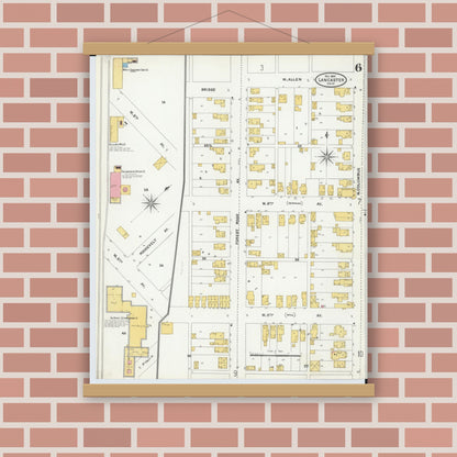 Old map wall art mockup — magnetic wood frame on brick wall — Sanborn Fire Insurance Map from Lancaster, Fairfield County, Ohio (1904), Sheet #0006
