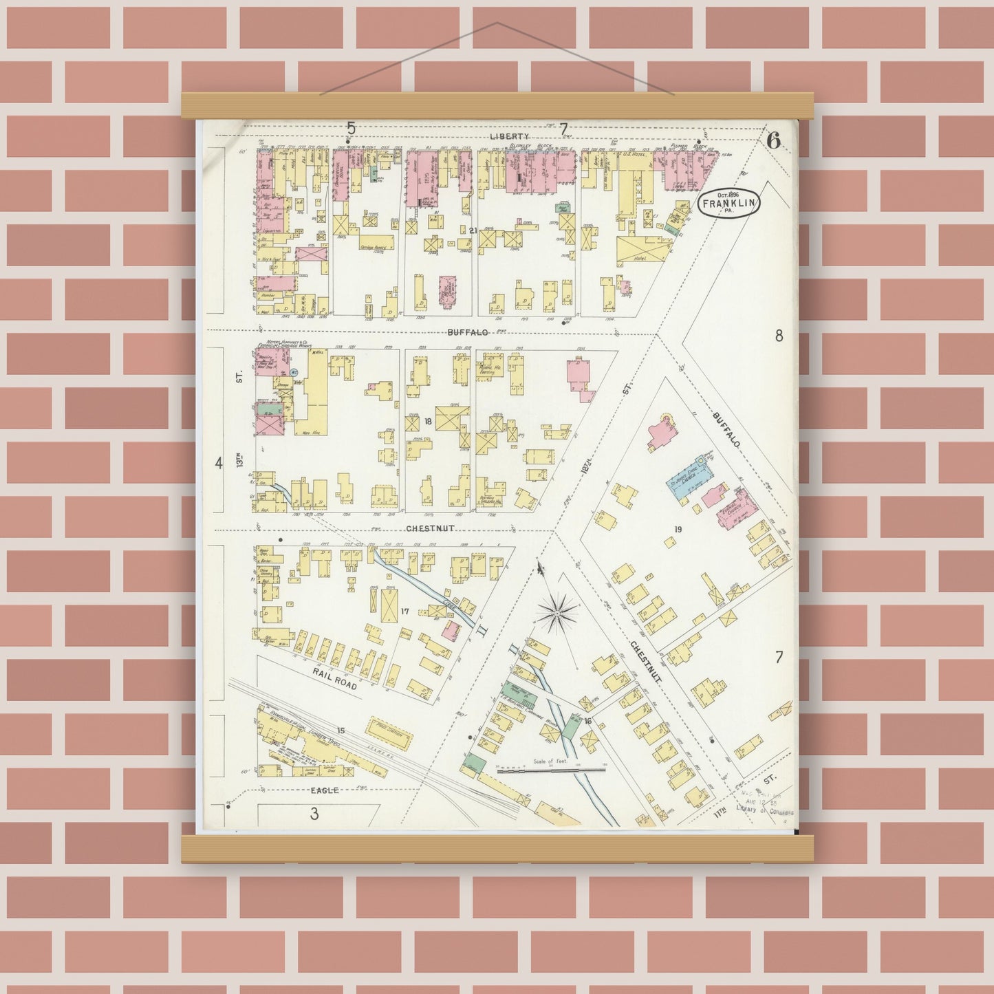 Old map wall art mockup — magnetic wood frame on brick wall — Sanborn Fire Insurance Map from Franklin, Venango County, Pennsylvania (1896), Sheet #0006