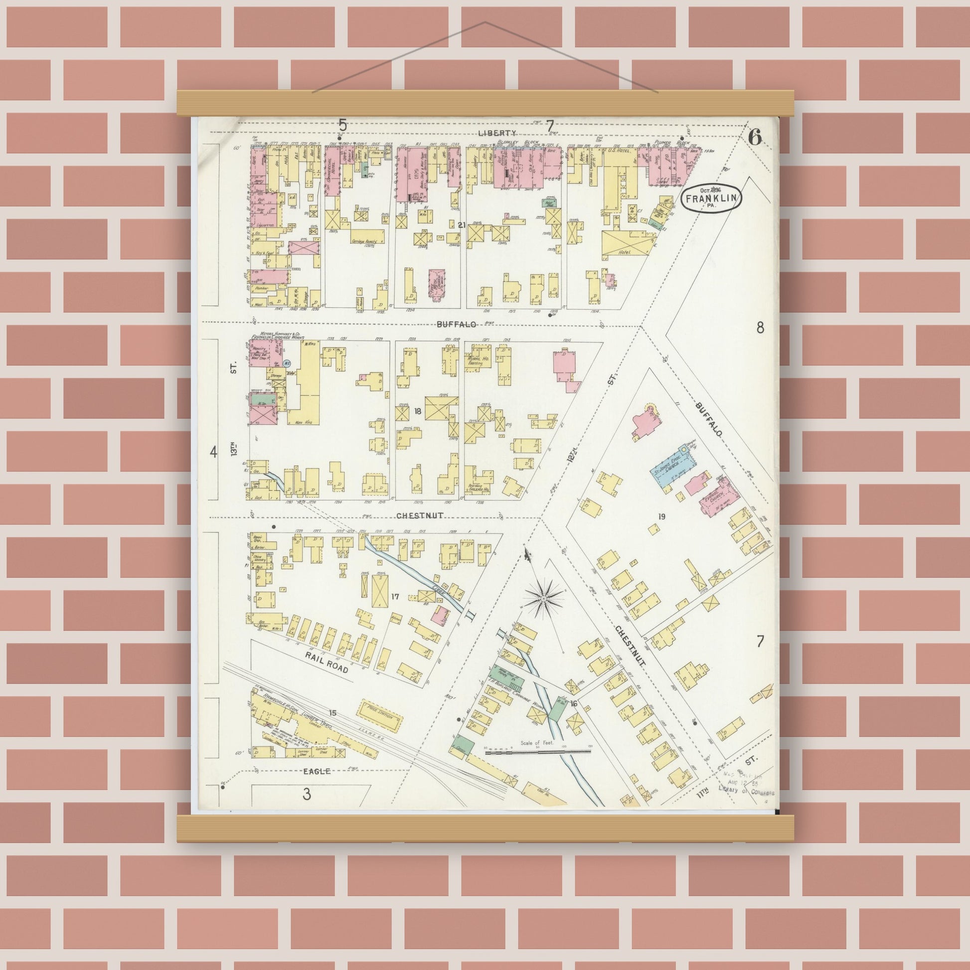 Old map wall art mockup — magnetic wood frame on brick wall — Sanborn Fire Insurance Map from Franklin, Venango County, Pennsylvania (1896), Sheet #0006
