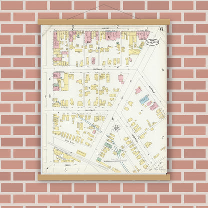Old map wall art mockup — magnetic wood frame on brick wall — Sanborn Fire Insurance Map from Franklin, Venango County, Pennsylvania (1896), Sheet #0006