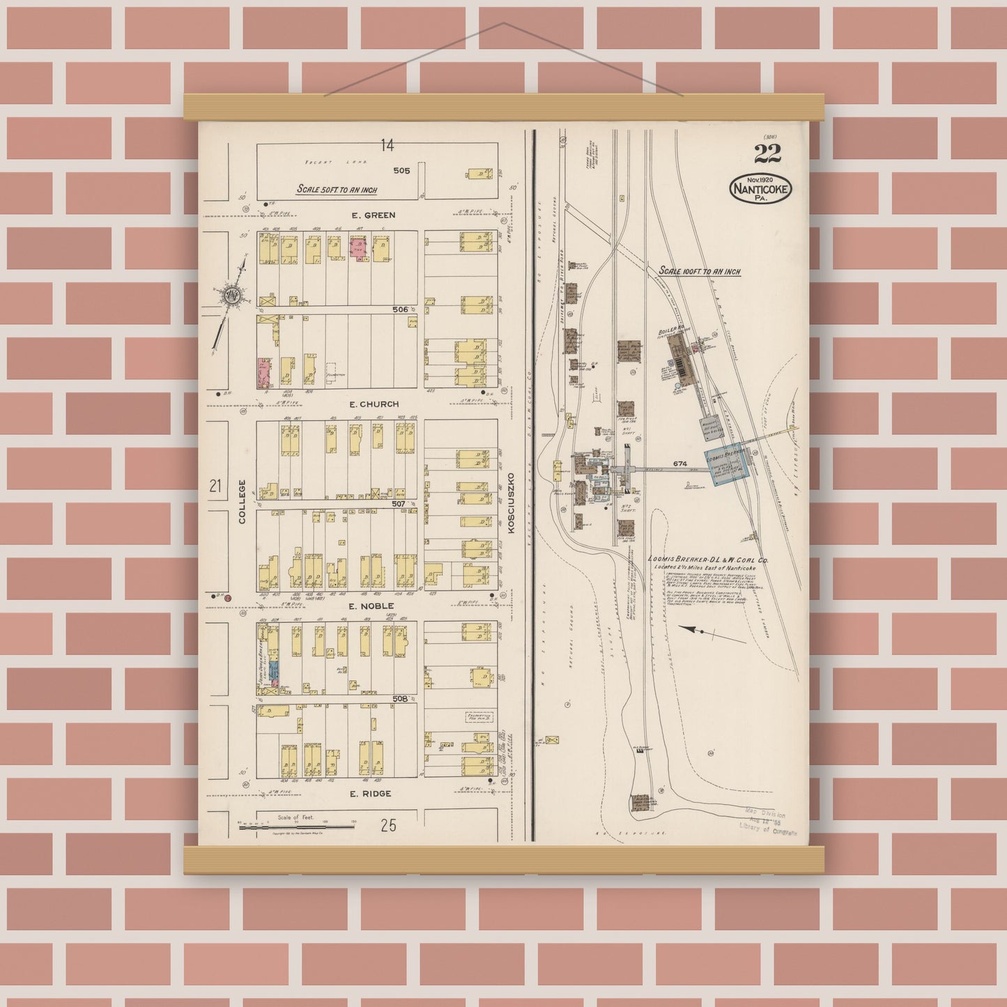 Old map wall art mockup — magnetic wood frame on brick wall — Sanborn Fire Insurance Map from Nanticoke, Luzerne County, Pennsylvania (1920), Sheet #0022
