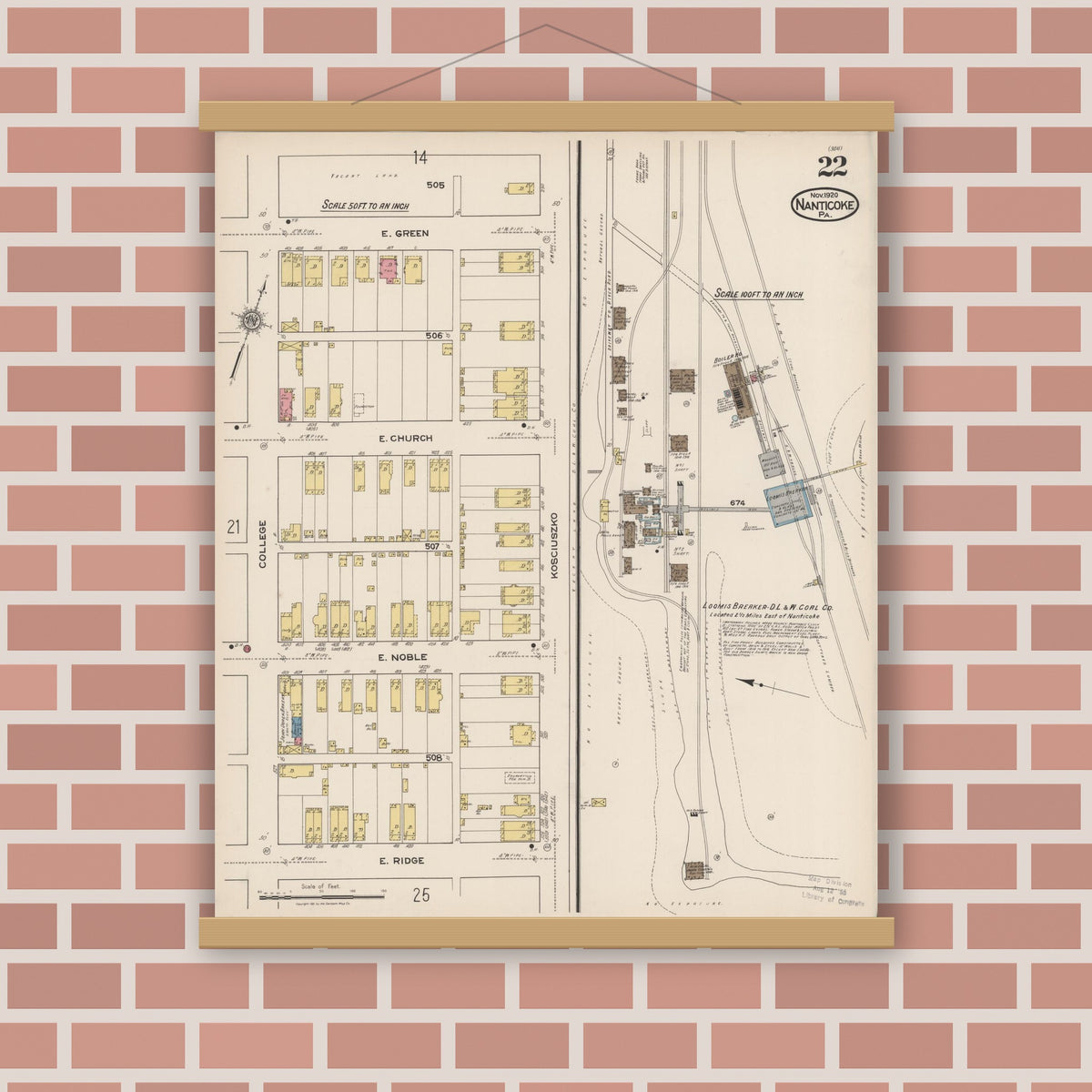 Old map wall art mockup — magnetic wood frame on brick wall — Sanborn Fire Insurance Map from Nanticoke, Luzerne County, Pennsylvania (1920), Sheet #0022