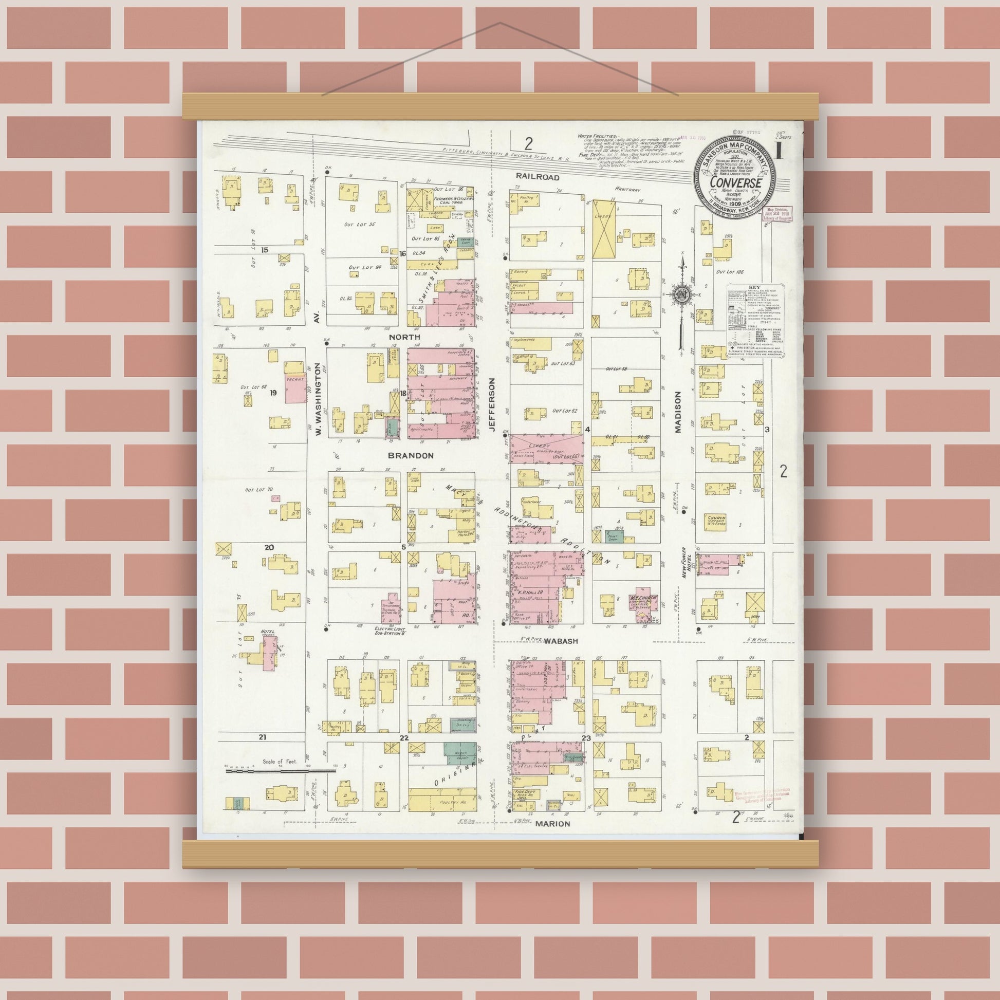 Old map wall art mockup — magnetic wood frame on brick wall — Sanborn Fire Insurance Map from Converse, Miami County, Indiana (1909) - Complete Map Set