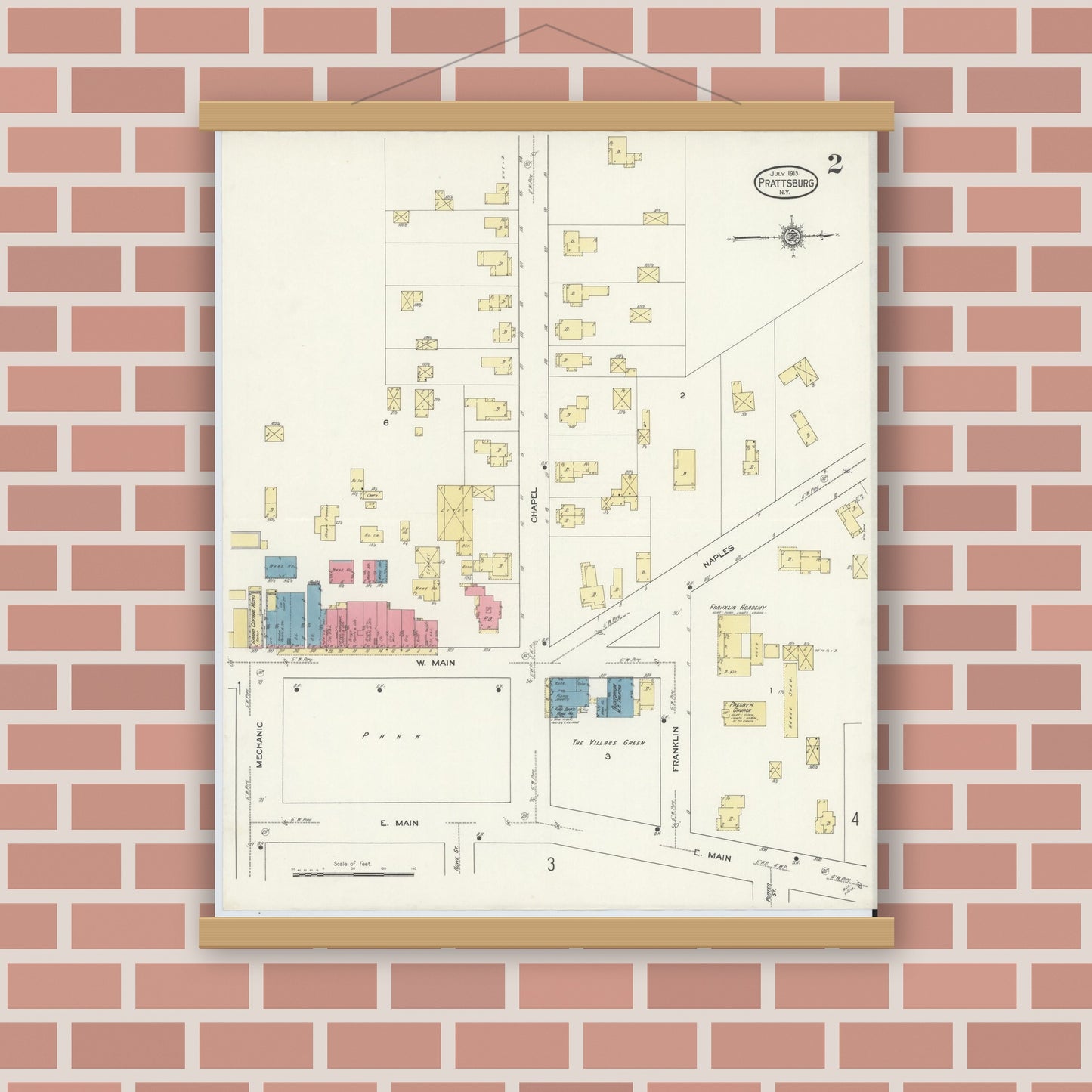 Old map wall art mockup — magnetic wood frame on brick wall — Sanborn Fire Insurance Map from Prattsburgh, Steuben County, New York (1913), Sheet #0002