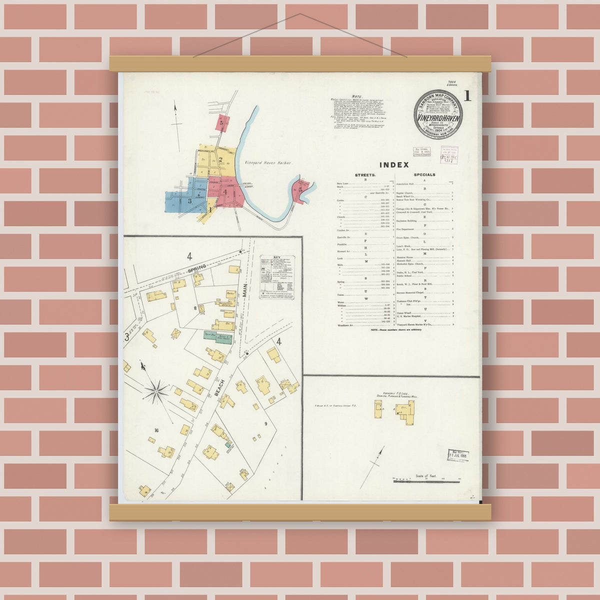 Old map wall art mockup — magnetic wood frame on brick wall — Sanborn Fire Insurance Map from Vineyard Haven, Dukes County, Massachusetts (1904), Sheet #0001