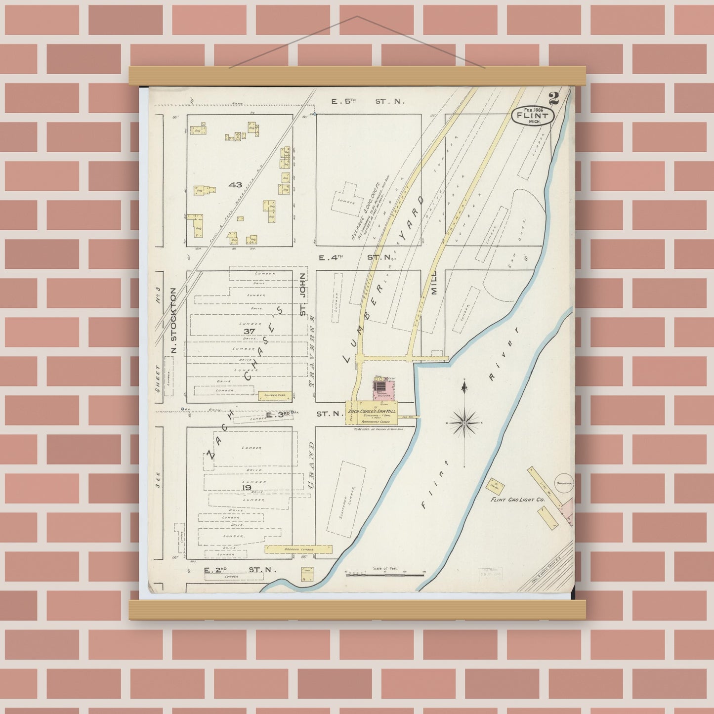 Old map wall art mockup — magnetic wood frame on brick wall — Sanborn Fire Insurance Map from Flint, Genesee County, Michigan (1886), Sheet #0002