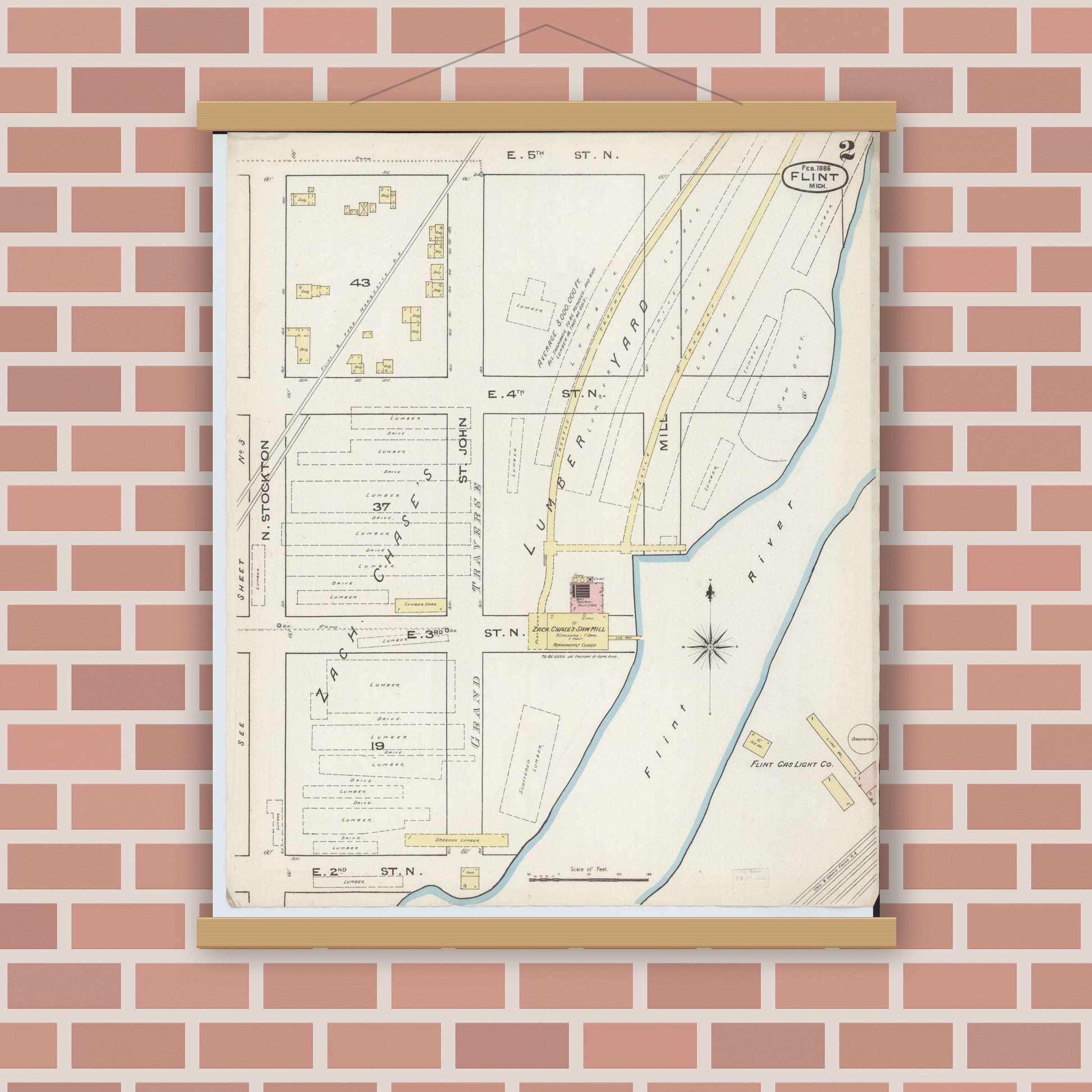 Old map wall art mockup — magnetic wood frame on brick wall — Sanborn Fire Insurance Map from Flint, Genesee County, Michigan (1886), Sheet #0002