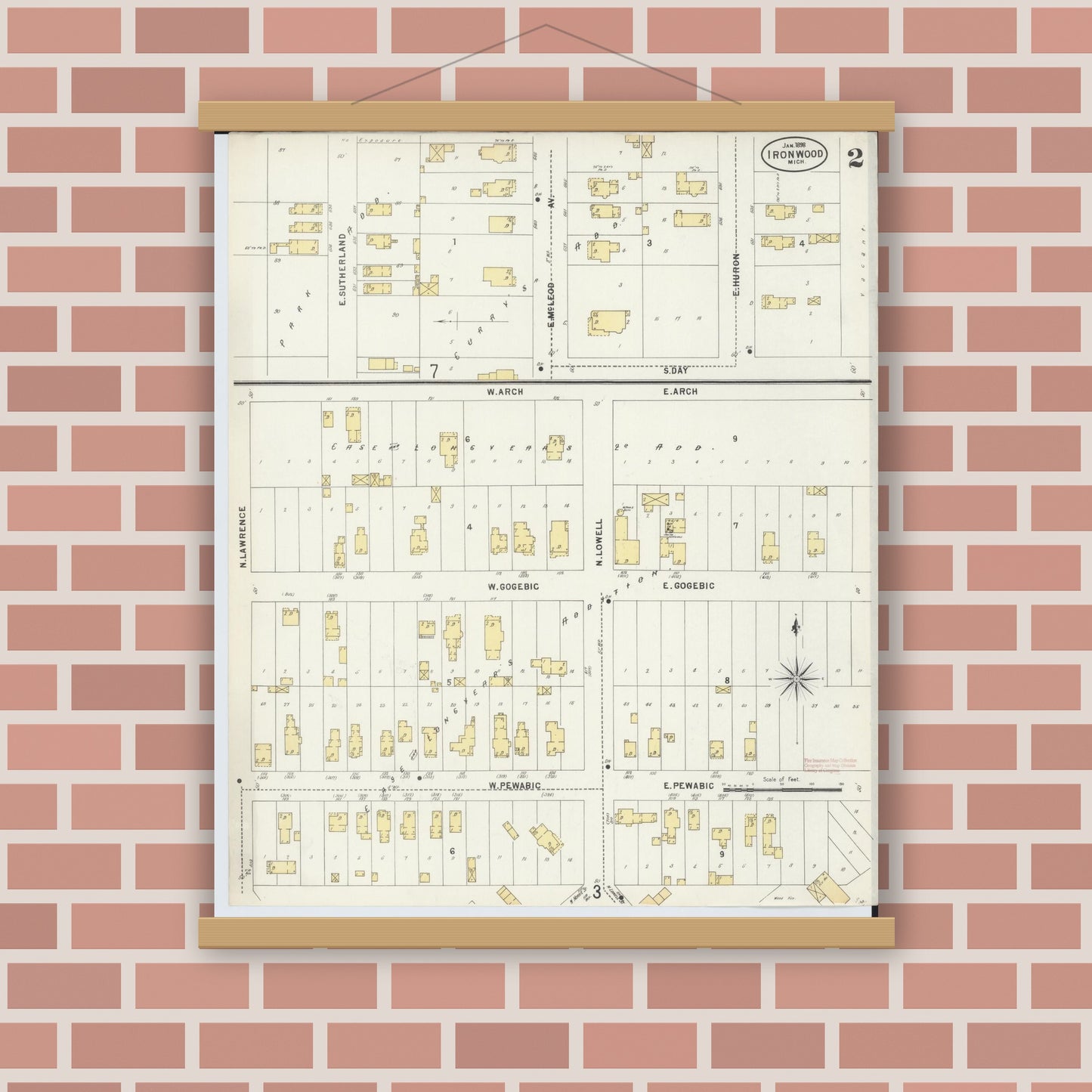 Old map wall art mockup — magnetic wood frame on brick wall — Sanborn Fire Insurance Map from Ironwood, Gogebic County, Michigan (1898), Sheet #0002