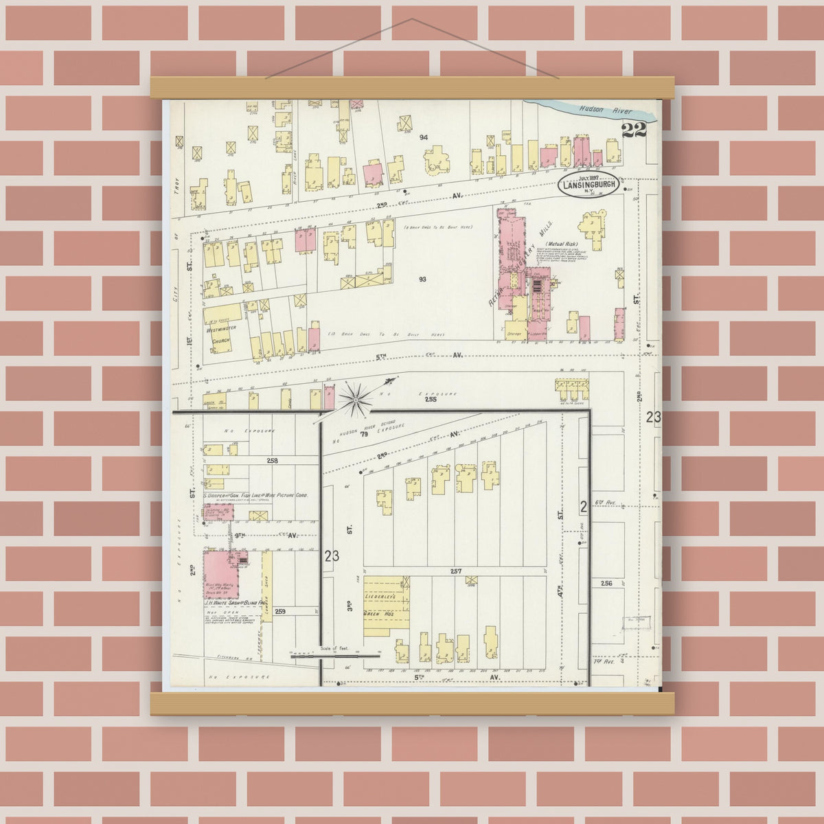 Old map wall art mockup — magnetic wood frame on brick wall — Sanborn Fire Insurance Map from Lansingburg, Rensselaer County, New York (1897), Sheet #0022