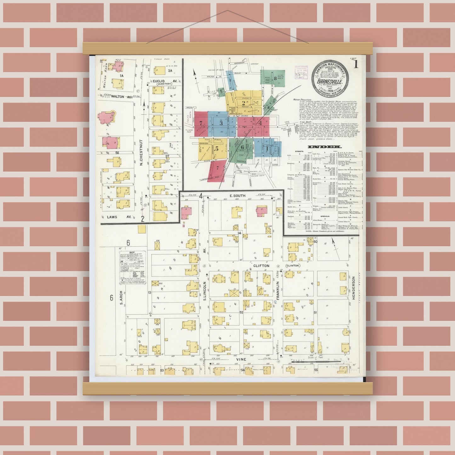 Old map wall art mockup — magnetic wood frame on brick wall — Sanborn Fire Insurance Map from Barnesville, Belmont County, Ohio (1908) - Complete Map Set
