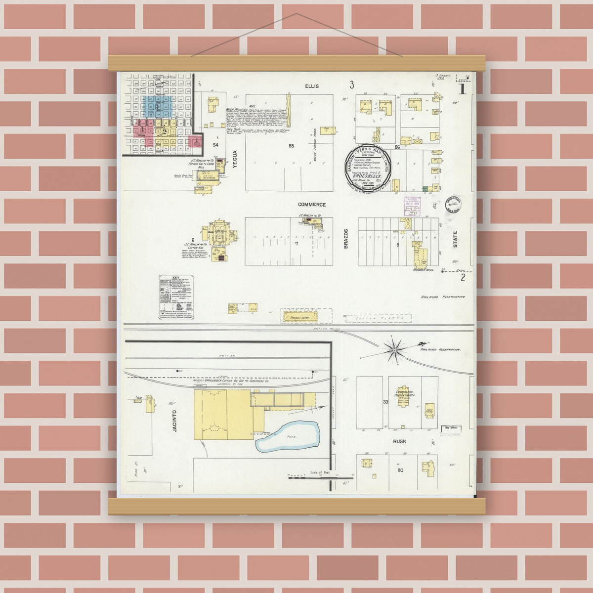 Old map wall art mockup — magnetic wood frame on brick wall — Sanborn Fire Insurance Map from Groesbeck, Limestone County, Texas (1901), Sheet #0001