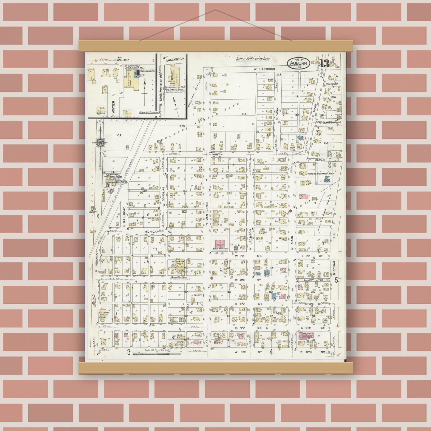 Old map wall art mockup — magnetic wood frame on brick wall — Sanborn Fire Insurance Map from Auburn, De Kalb County, Indiana (1914), Sheet #0013