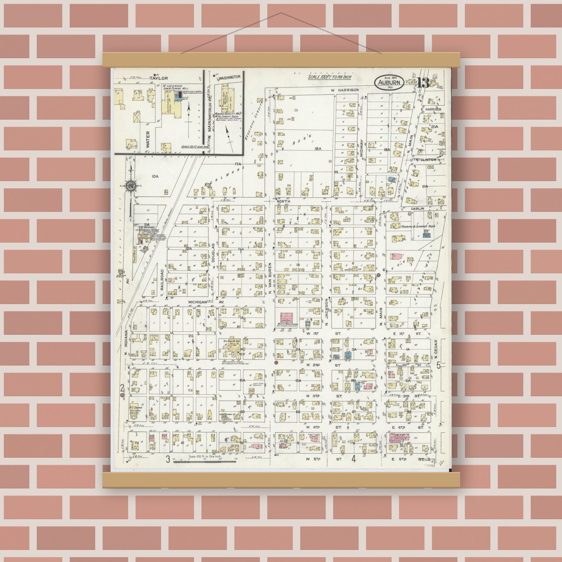 Old map wall art mockup — magnetic wood frame on brick wall — Sanborn Fire Insurance Map from Auburn, De Kalb County, Indiana (1914), Sheet #0013