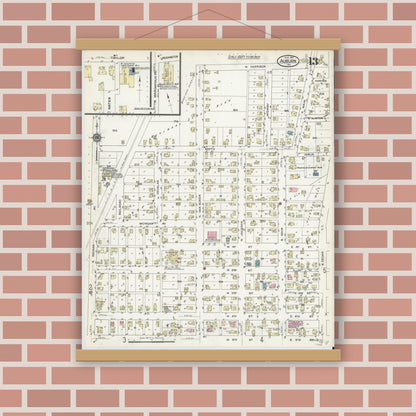 Old map wall art mockup — magnetic wood frame on brick wall — Sanborn Fire Insurance Map from Auburn, De Kalb County, Indiana (1914), Sheet #0013
