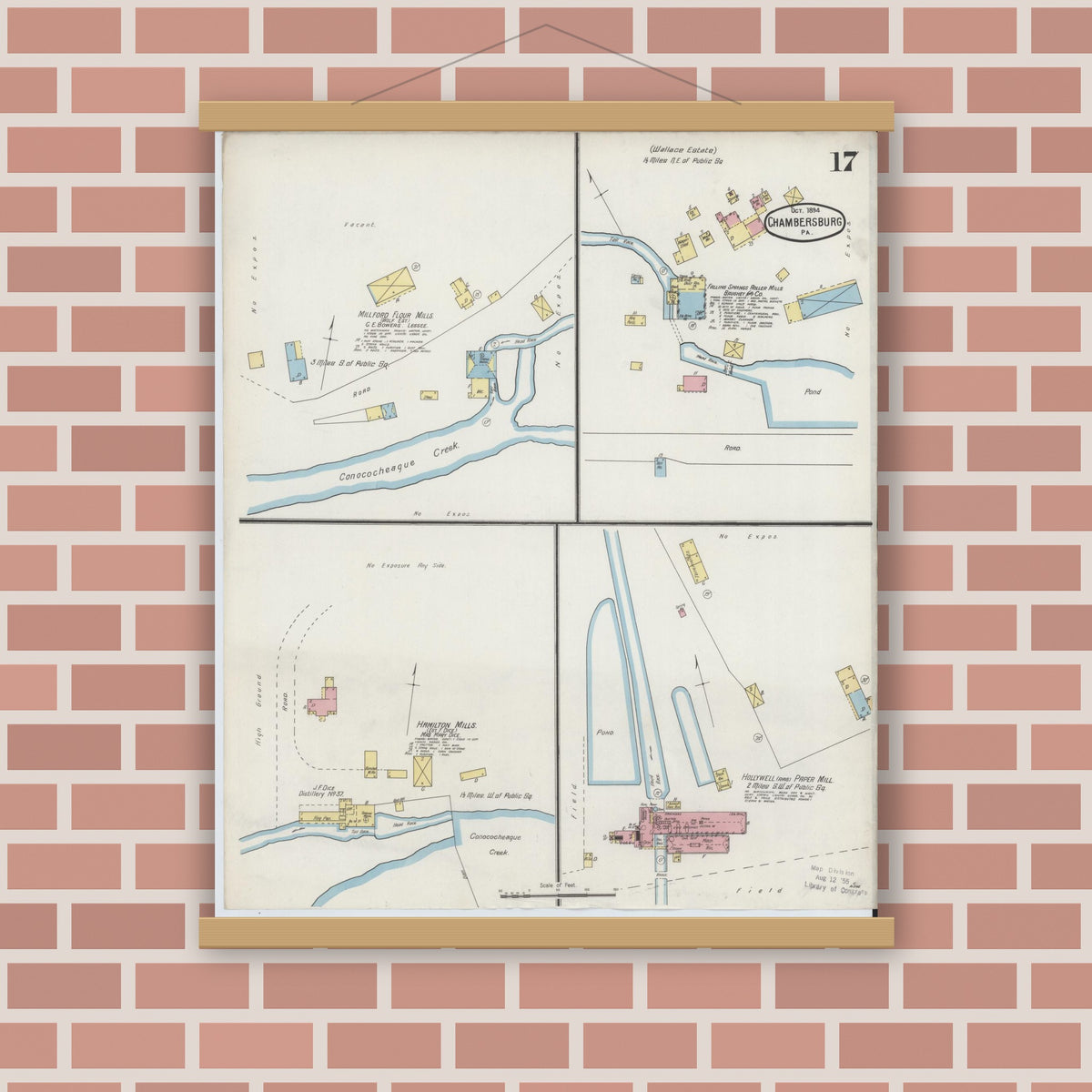 Old map wall art mockup — magnetic wood frame on brick wall — Sanborn Fire Insurance Map from Chambersburg, Franklin County, Pennsylvania (1894), Sheet #0017