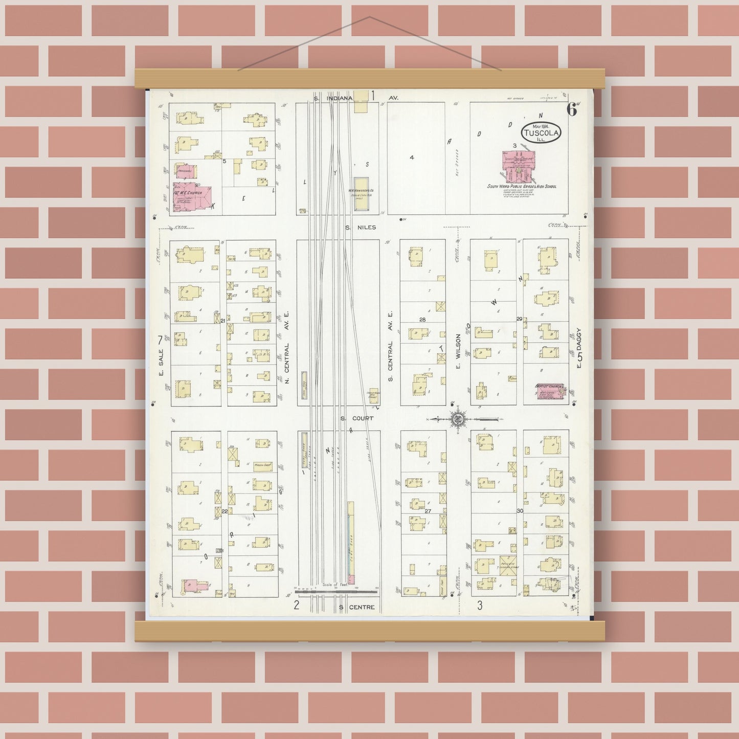 Old map wall art mockup — magnetic wood frame on brick wall — Sanborn Fire Insurance Map from Tuscola, Douglas County, Illinois (1914), Sheet #0006