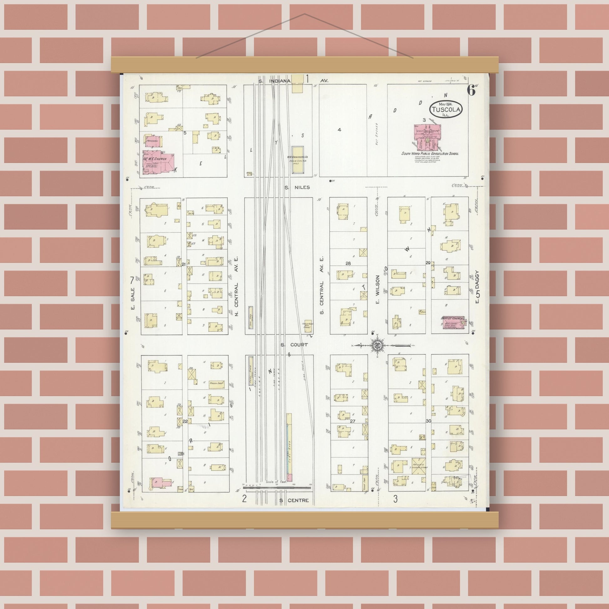 Old map wall art mockup — magnetic wood frame on brick wall — Sanborn Fire Insurance Map from Tuscola, Douglas County, Illinois (1914), Sheet #0006