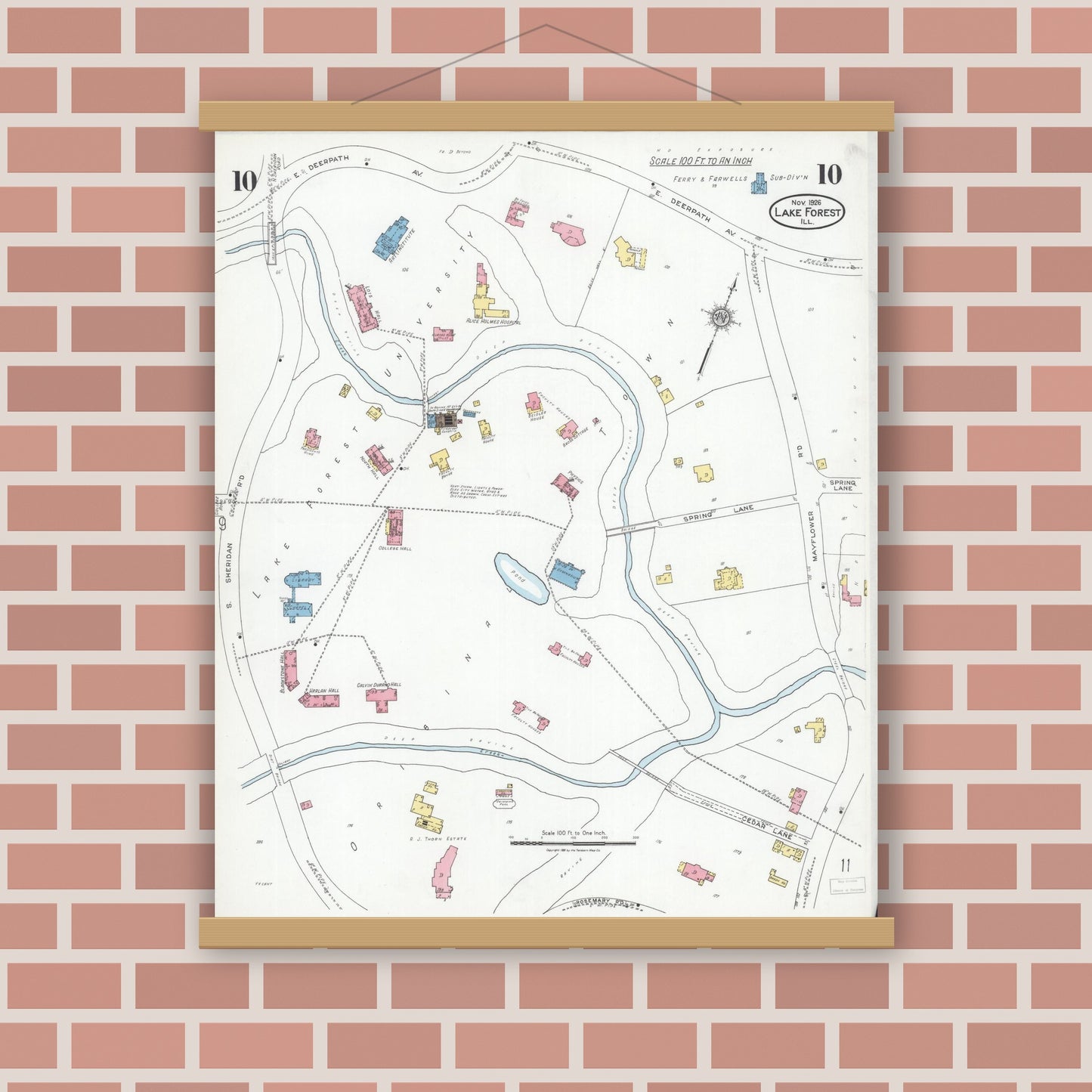 Old map wall art mockup — magnetic wood frame on brick wall — Sanborn Fire Insurance Map from Lake Forest, Lake County, Illinois (1926), Sheet #0010