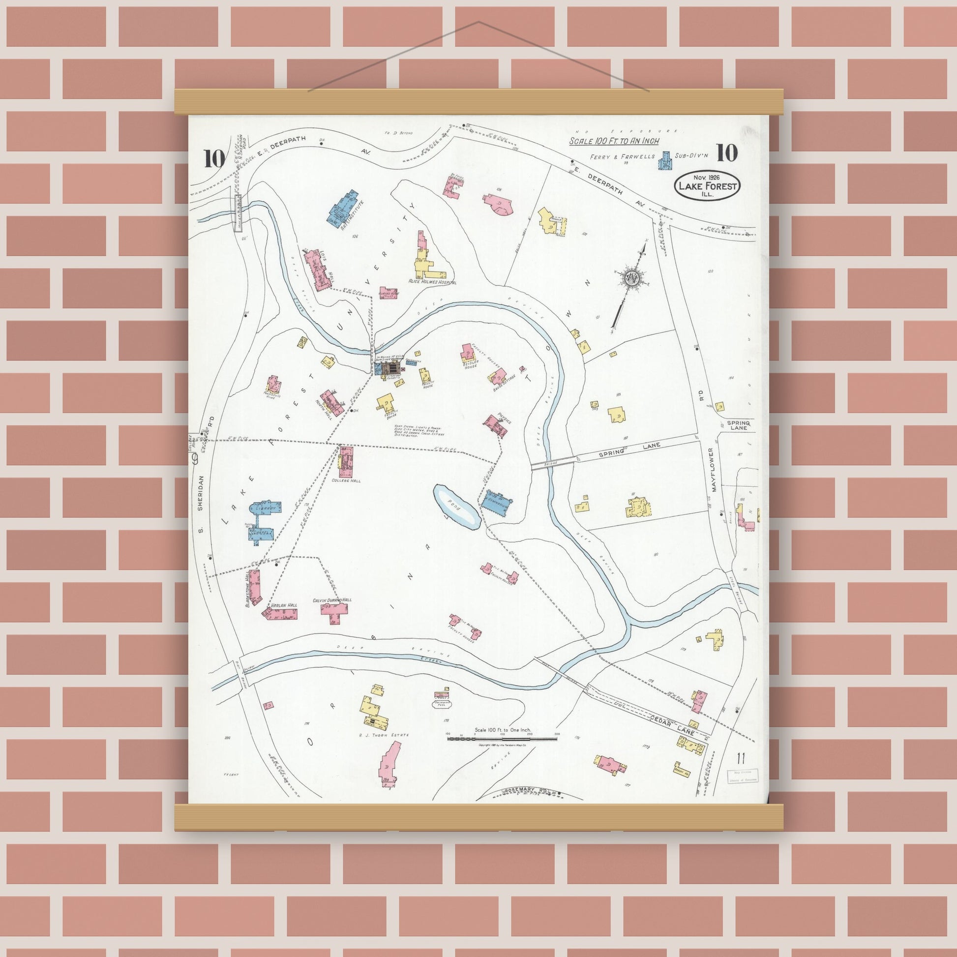 Old map wall art mockup — magnetic wood frame on brick wall — Sanborn Fire Insurance Map from Lake Forest, Lake County, Illinois (1926), Sheet #0010