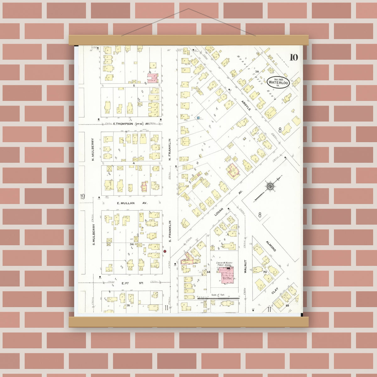 Old map wall art mockup — magnetic wood frame on brick wall — Sanborn Fire Insurance Map from Waterloo, Black Hawk County, Iowa (1910), Sheet #0010