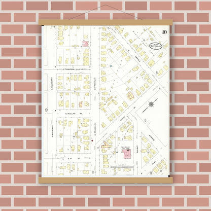 Old map wall art mockup — magnetic wood frame on brick wall — Sanborn Fire Insurance Map from Waterloo, Black Hawk County, Iowa (1910), Sheet #0010
