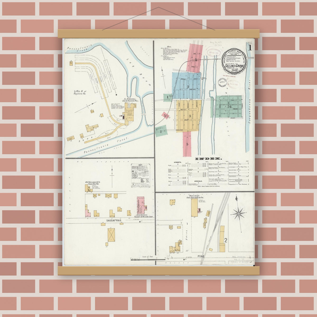 Old map wall art mockup — magnetic wood frame on brick wall — Sanborn Fire Insurance Map from Selins Grove, Snyder County, Pennsylvania (1899) - Complete Map Set